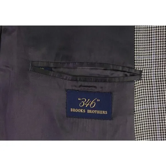 Brooks Brothers Black White Blue Houndstooth Windowpane Wool 2-Btn Sportcoat 46L